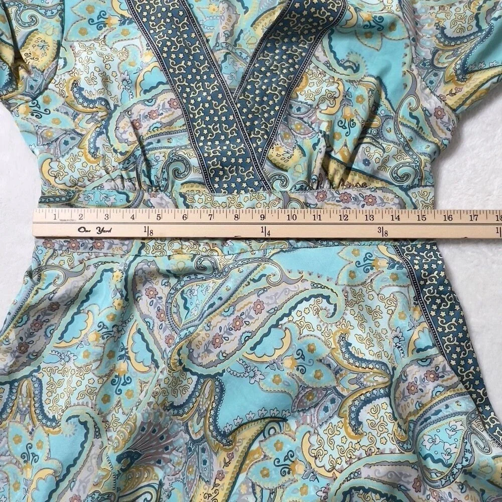 ME 2 MAGIC Maxi Dress Womens Sz L Green Paisley 3/4 Sleeve Bohemian